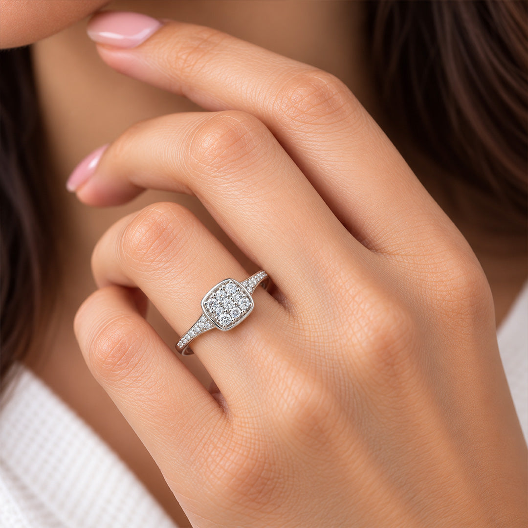 Square Pave Cluster Cushion Sterling Silver Ring