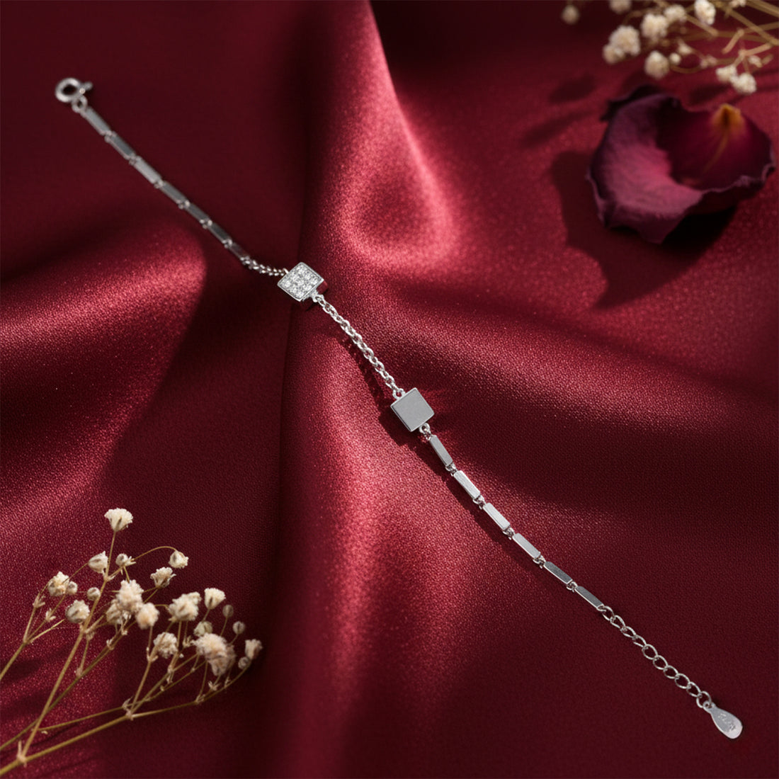 Square Pavé Station Silver Bracelet