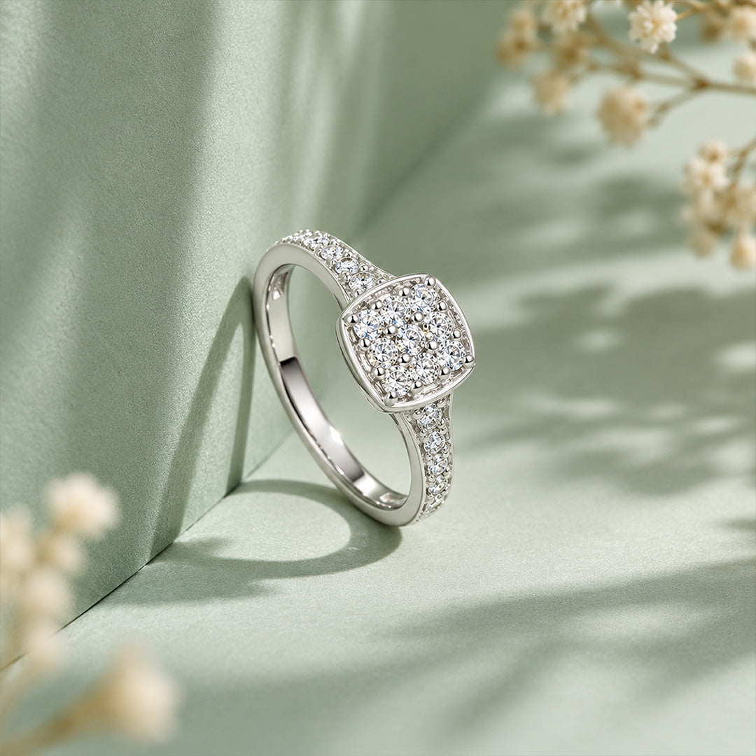 Square Pave Cluster Cushion Sterling Silver Ring