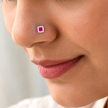 Square Pink Gemstone Silver Nose Pin