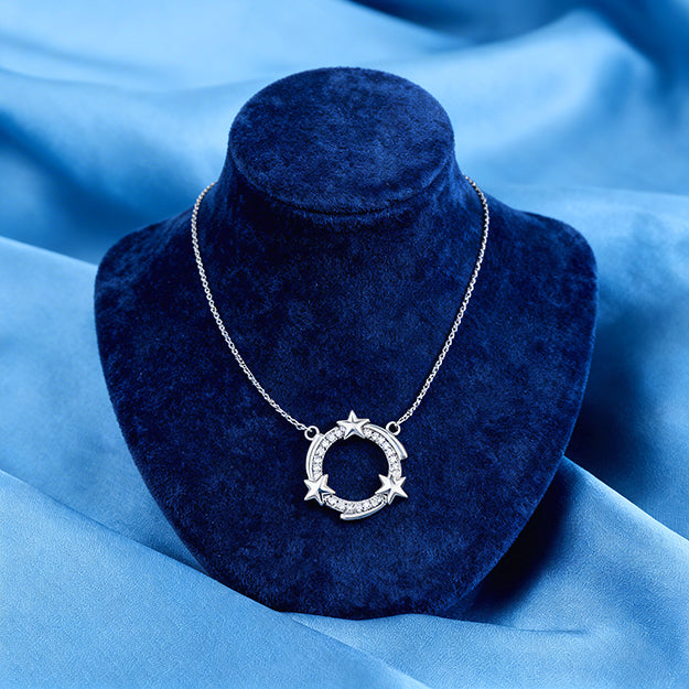 Star Circle White Stone Pattern 925 Sterling Silver Chain Pendant for Women