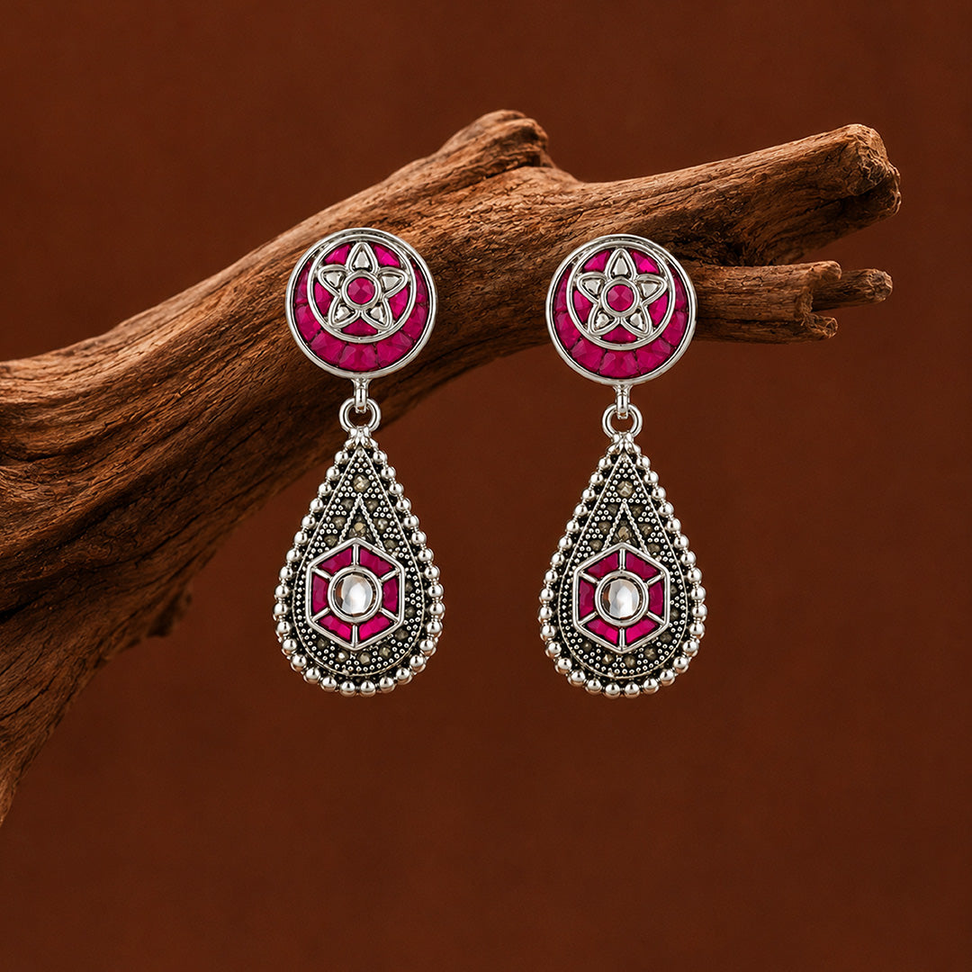 Star Pink Lotus Drop 925 Sterling Silver Earrings