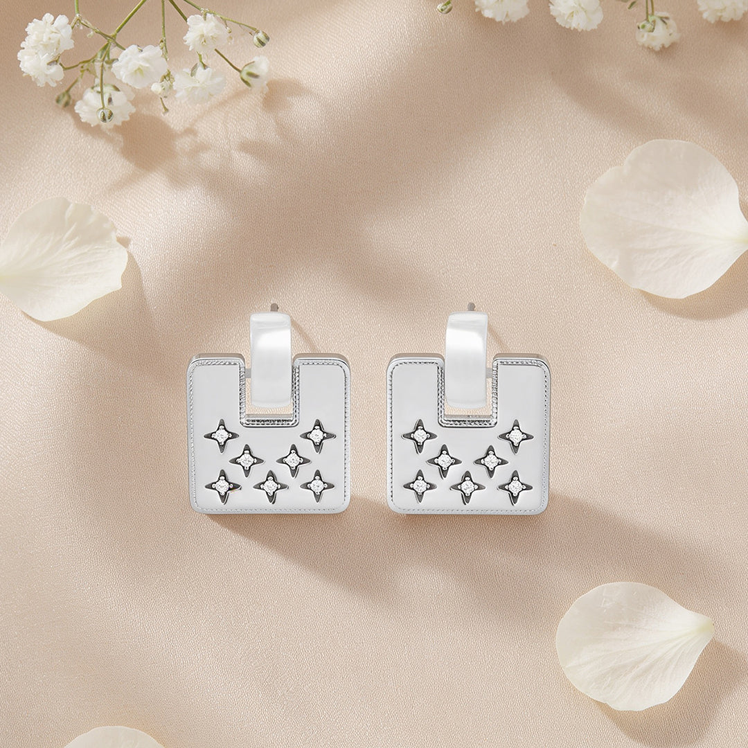Starburst Geometric Square Silver Drop Earrings
