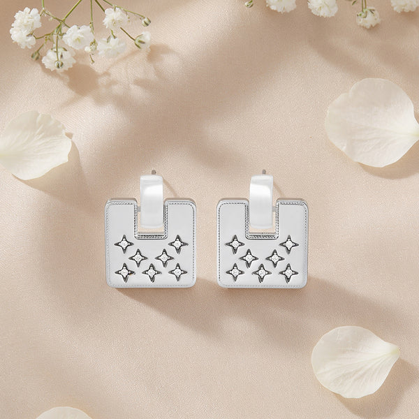 Starburst Geometric Square Silver Drop Earrings