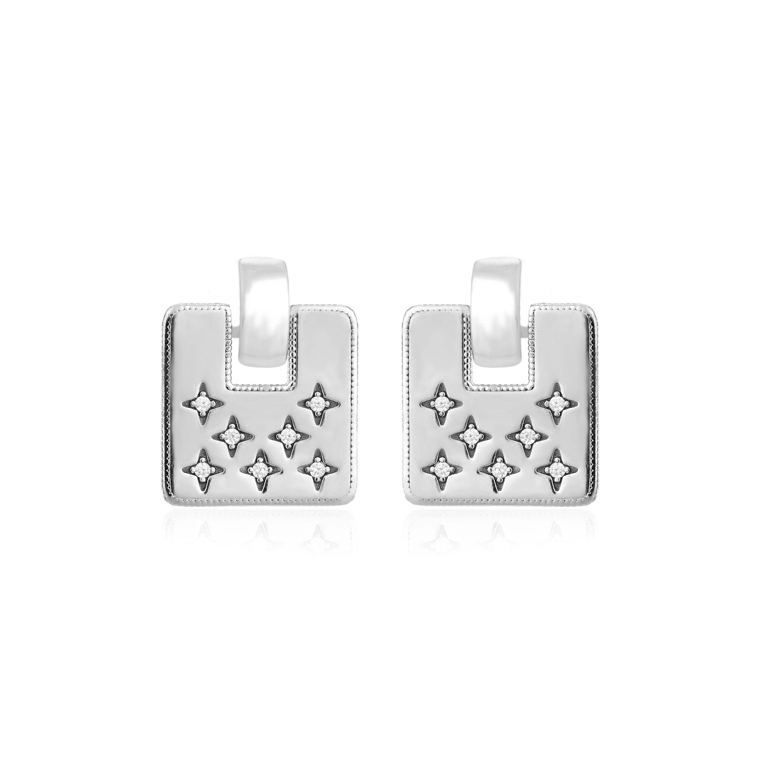Starburst Geometric Square Silver Drop Earrings