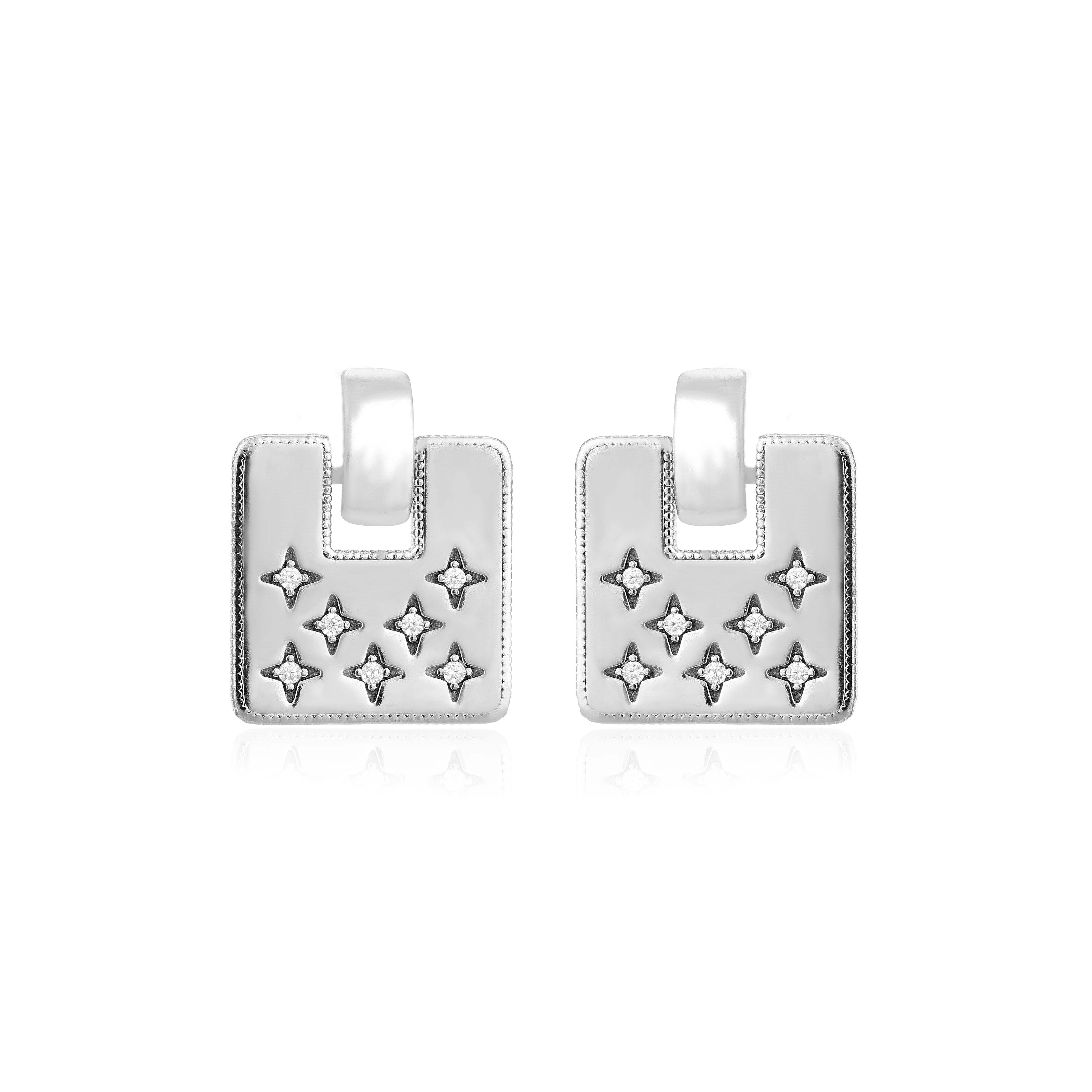 Starburst Geometric Square Silver Drop Earrings