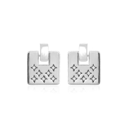 Starburst Geometric Square Silver Drop Earrings