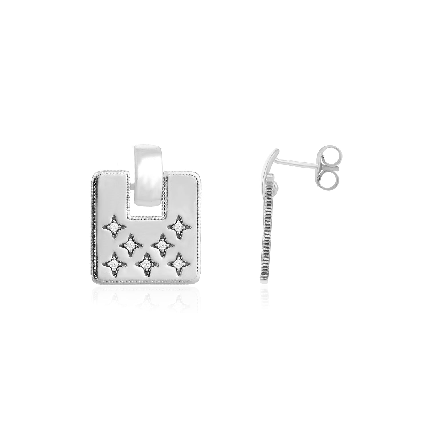 Starburst Geometric Square Silver Drop Earrings