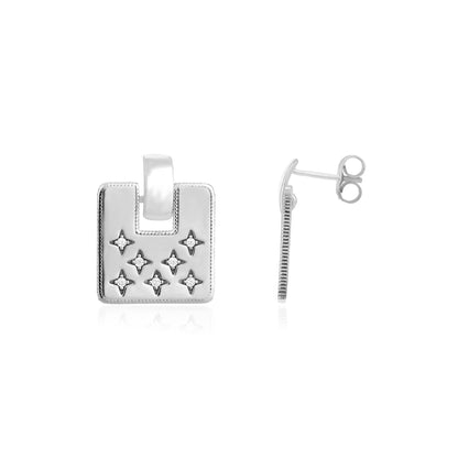 Starburst Geometric Square Silver Drop Earrings