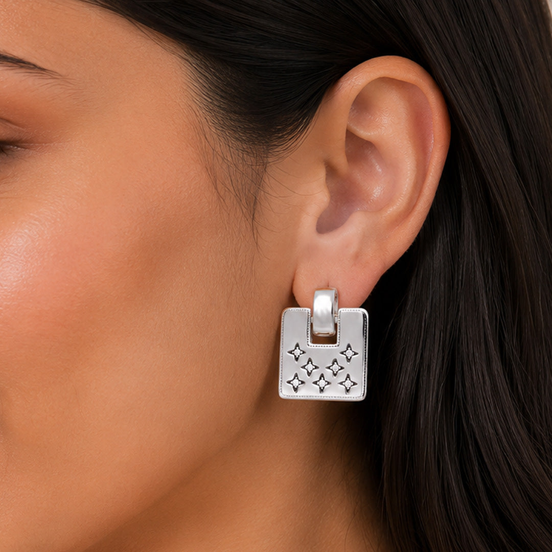 Starburst Geometric Square Silver Drop Earrings