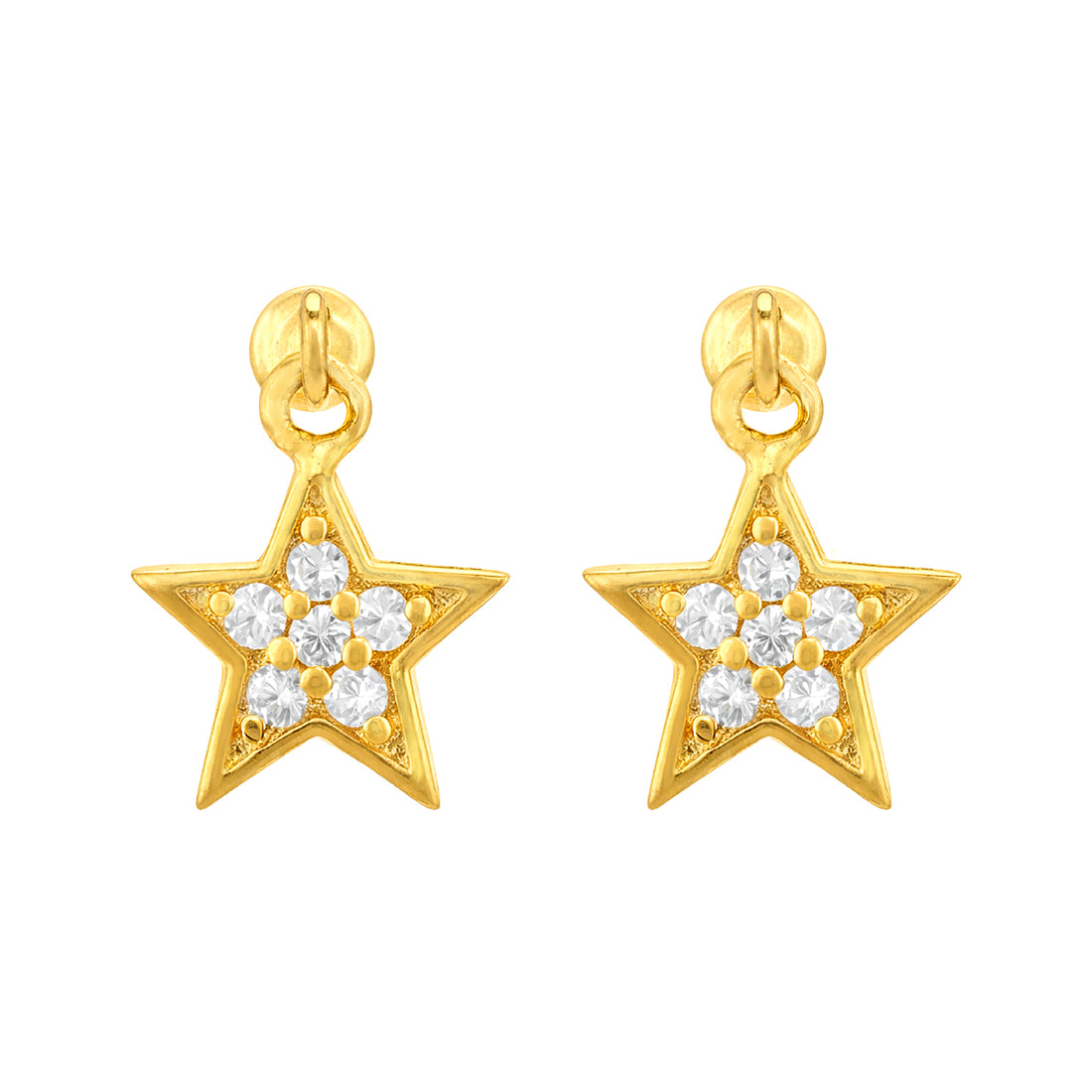 Gold star-shaped earrings with embedded diamonds on a white background