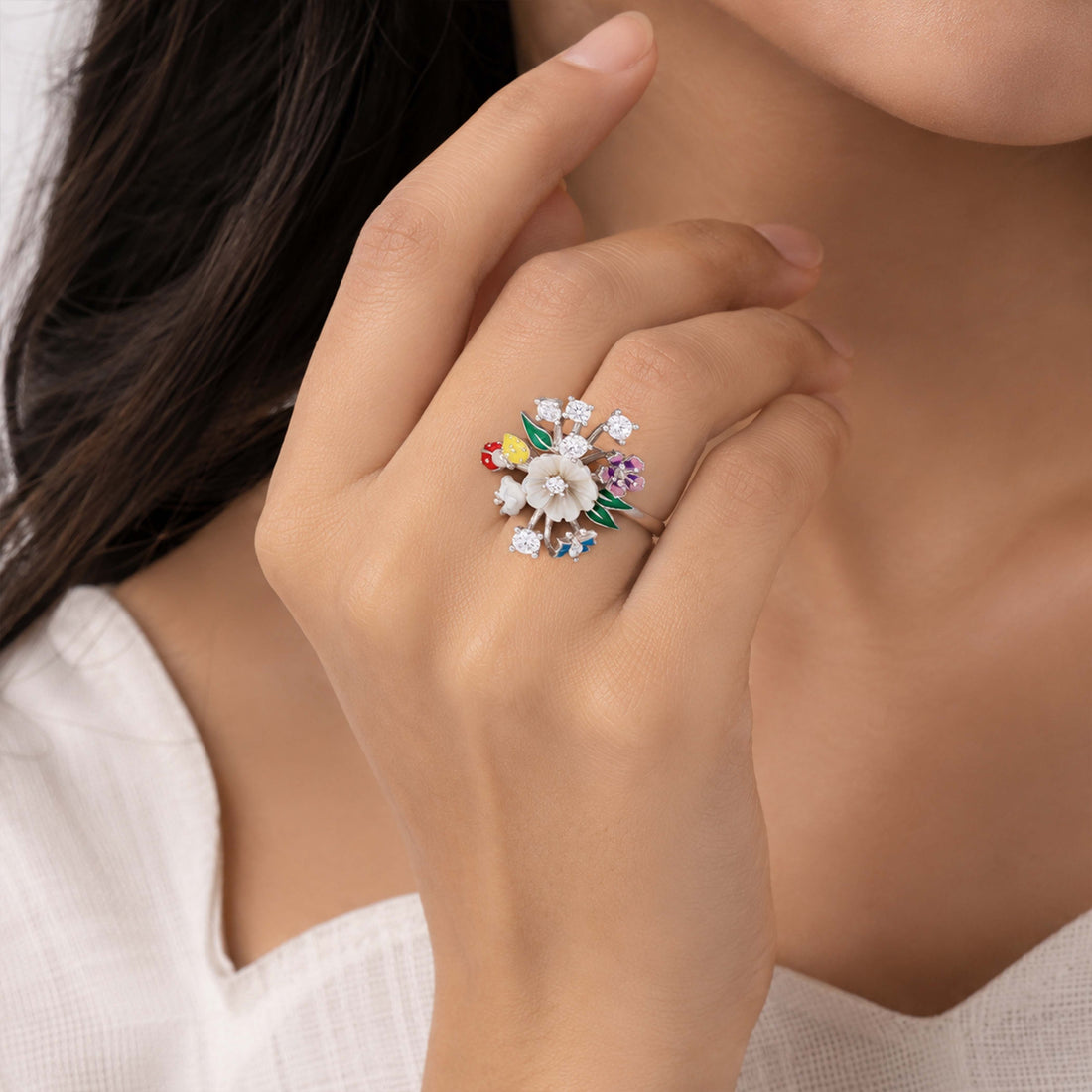 Sterling Silver Mother of Pearl Garden Bouquet Ring