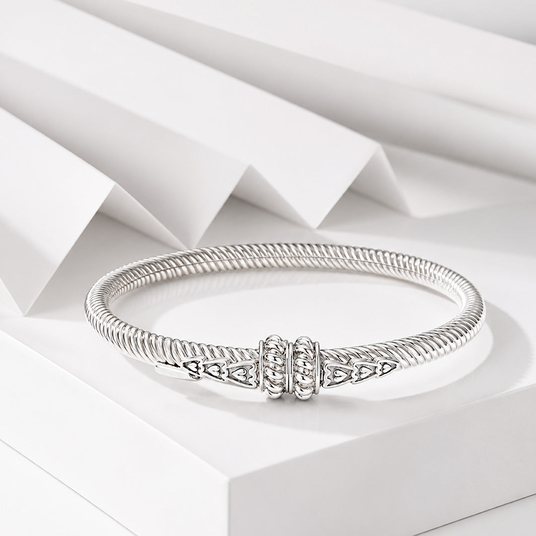 Sterling Silver Textured Cable Heart Bangle