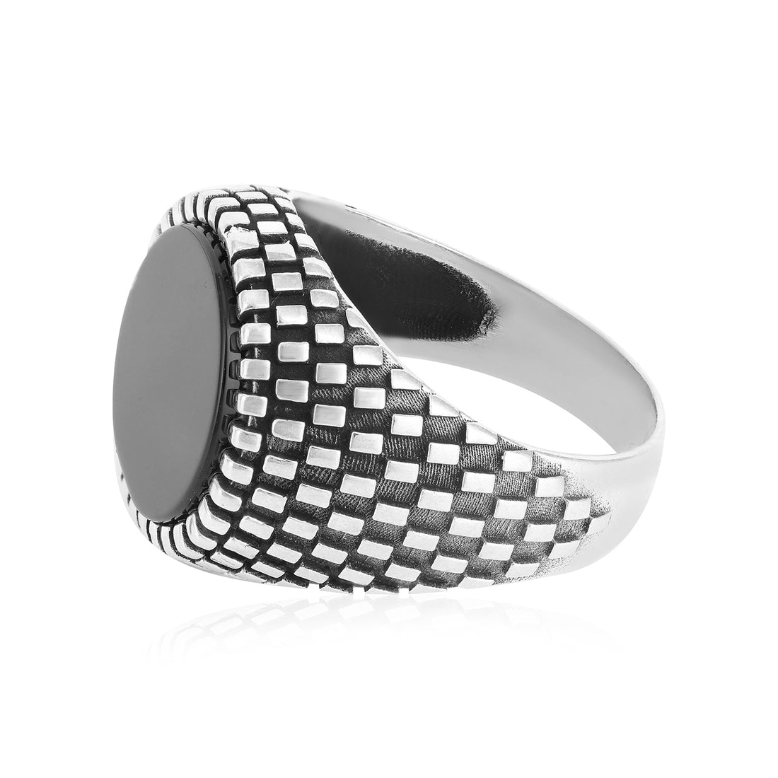 Sterling 925 Monochrome Oxidised Checked Pattern Black Agate Ring