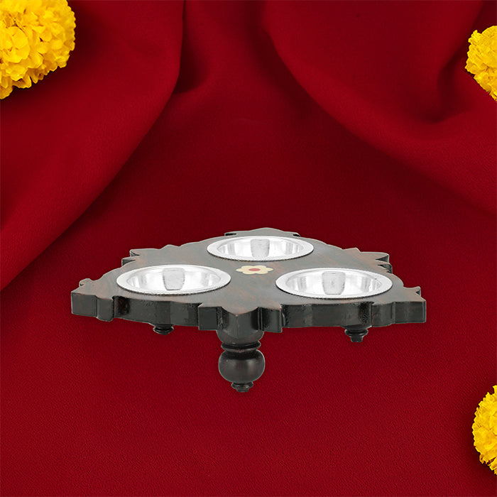 925 Sterling Silver 3 Bowls Rosewood Stand For Pooja