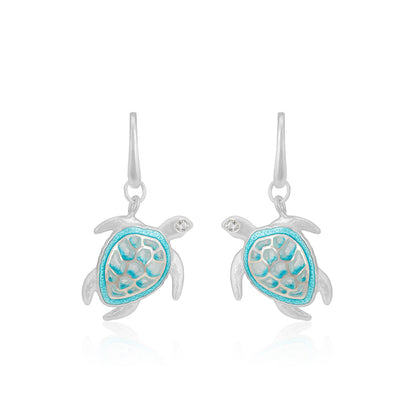Sterling Silver 925 Aqua Shell Turtle Rhodium Plate Earrings 