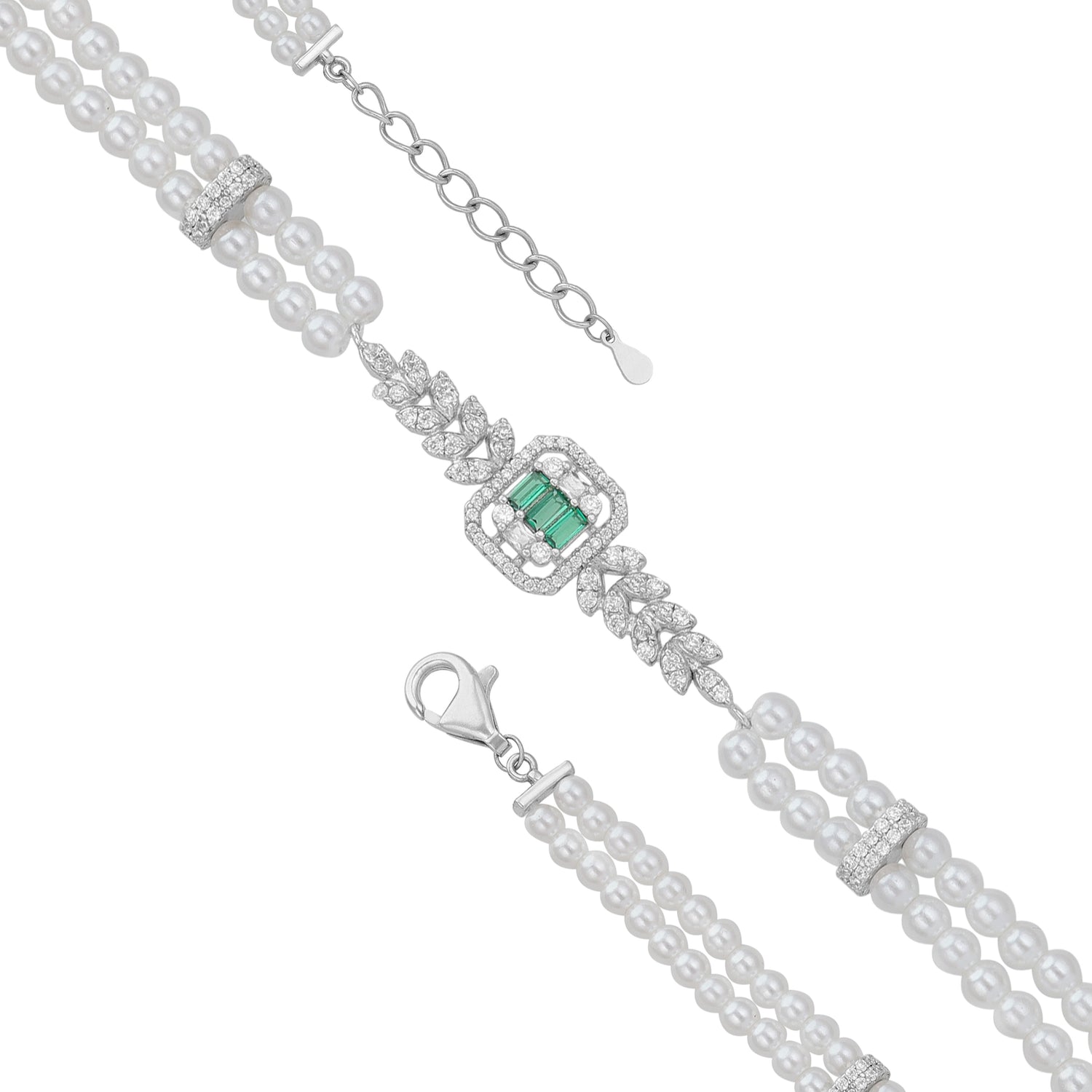 Sterling Silver 925 Rhodium Plated Twin Row Pearl  Bracelet For Women