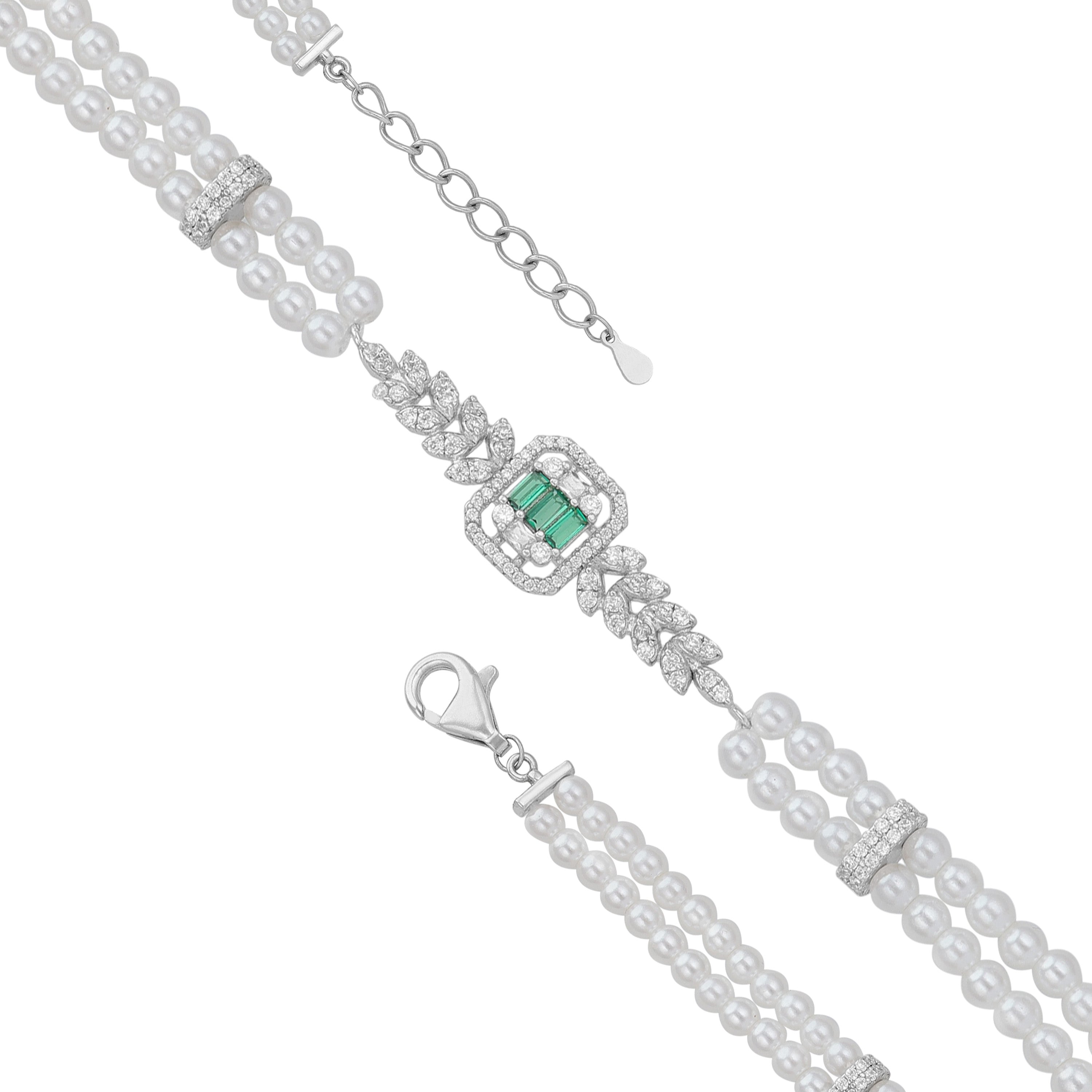 Sterling Silver 925 Rhodium Plated Twin Row Pearl  Bracelet For Women