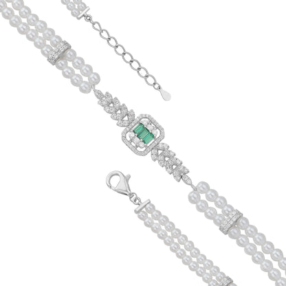 Sterling Silver 925 Rhodium Plated Twin Row Pearl  Bracelet For Women