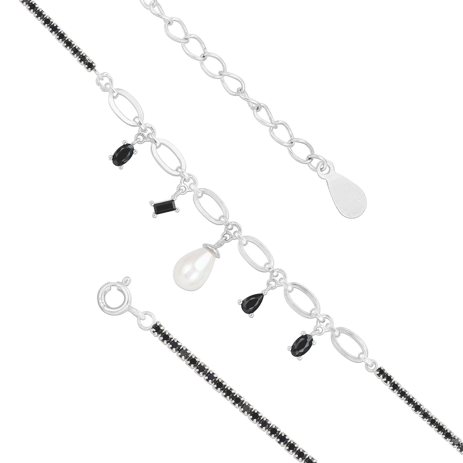 Sterling Silver Abstract Black Bead Charm Chain for Women