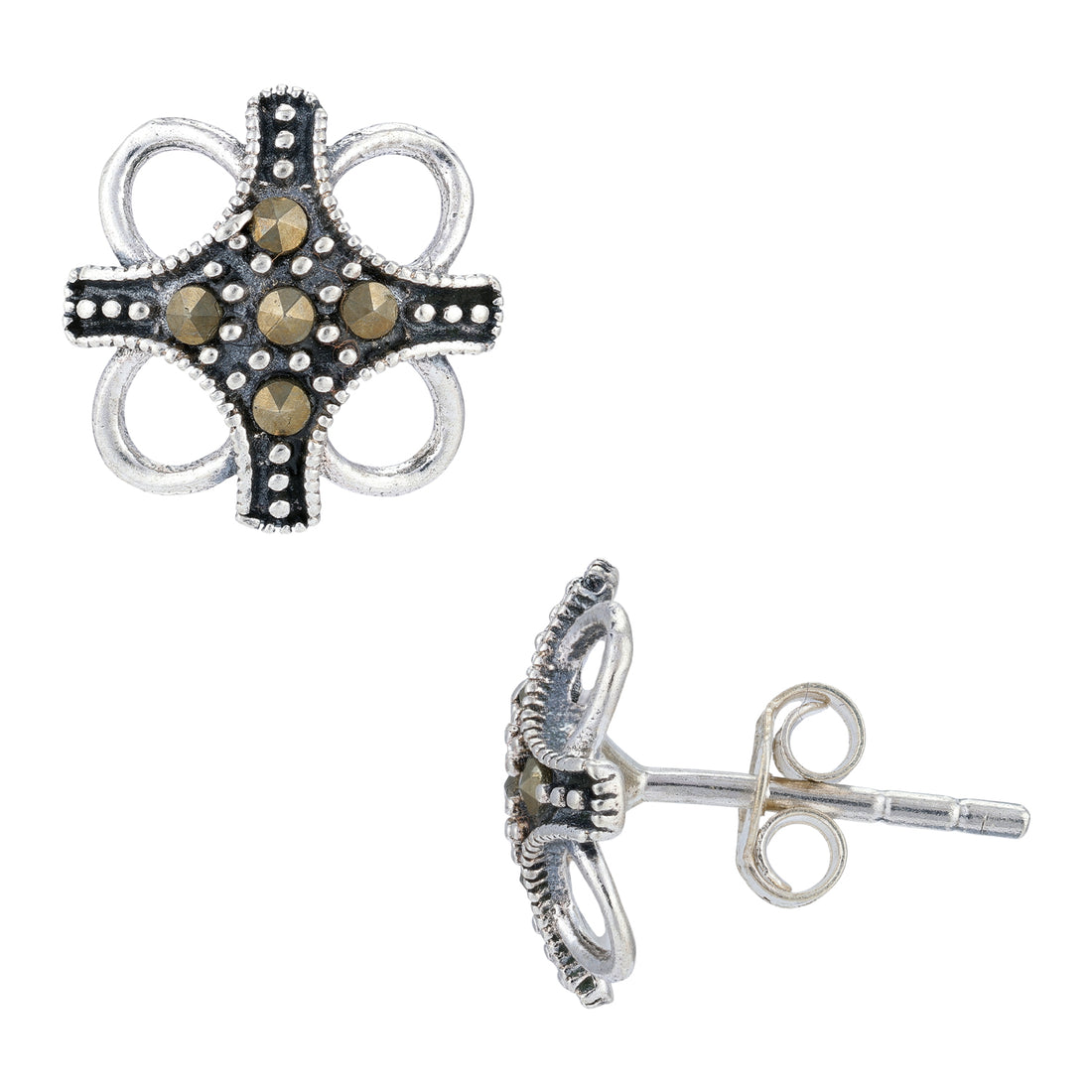 Sterling Silver Antique Marcasite Floral Stud Earrings For Women