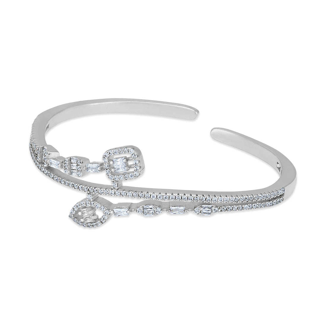925 Sterling Silver Baguette-Cut Geometric Flow Open Cuff Bracelet for Women