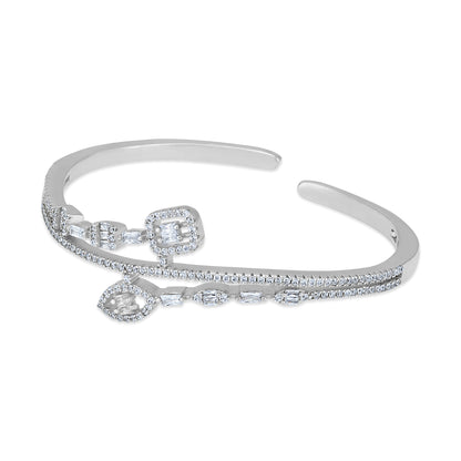 925 Sterling Silver Baguette-Cut Geometric Flow Open Cuff Bracelet for Women