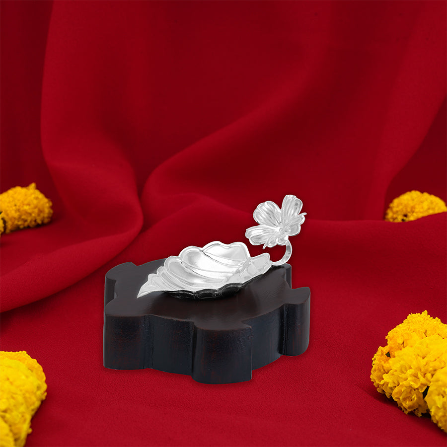 925 Sterling Silver Bloom Leaf Deepam Rosewood Holder For Pooja