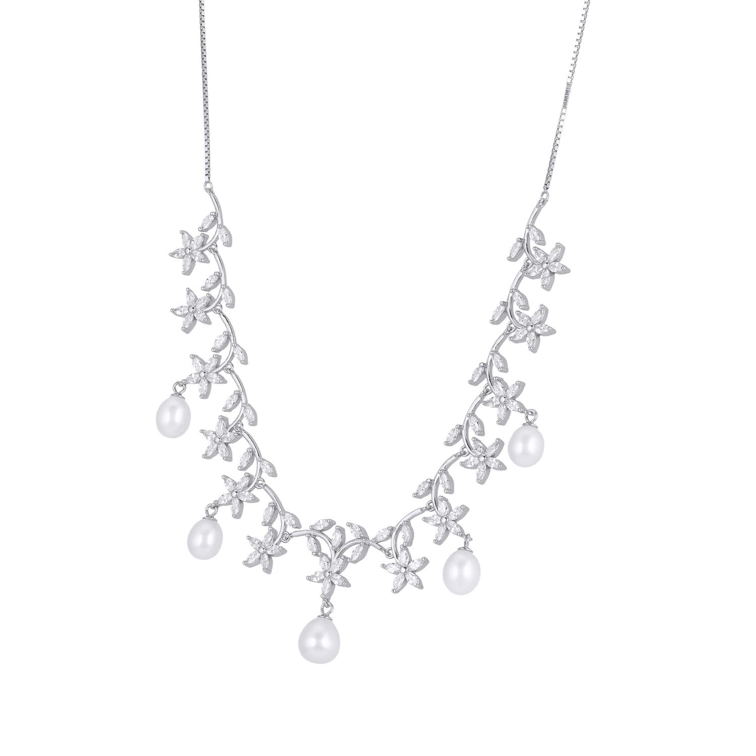 925 Sterling Silver Blooming Pearl Drop  Intricate Leafy Vines Necklace for Women