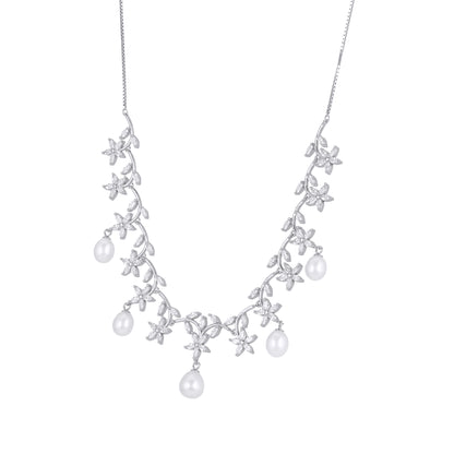 925 Sterling Silver Blooming Pearl Drop  Intricate Leafy Vines Necklace for Women