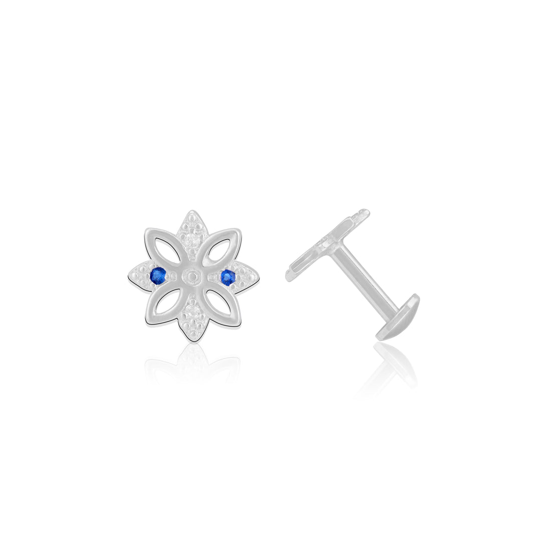 925 Sterling Silver Blue Aura Floral Spark Rhodium Plated Stud For Women