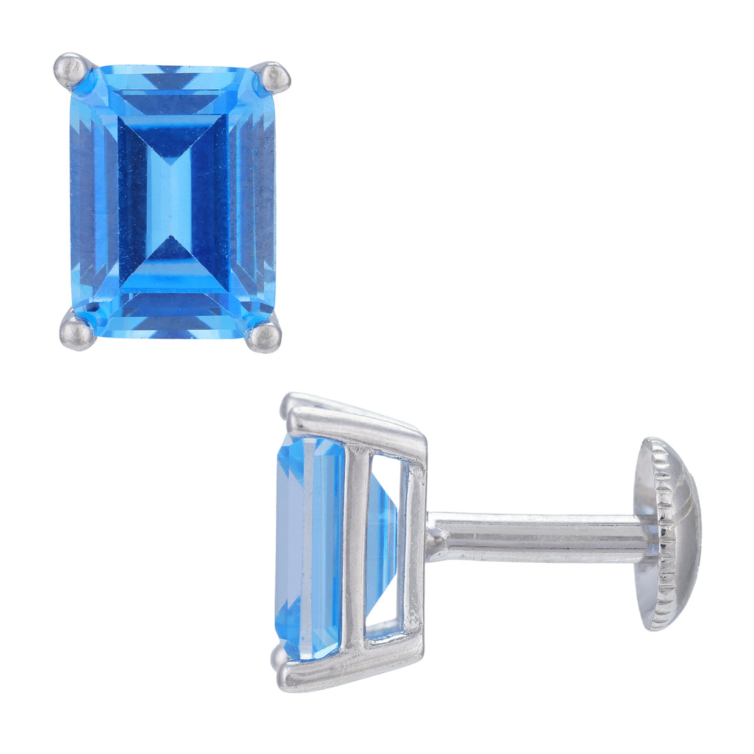 Sterling Silver Blue Blaze Emerald-Cut Rhodium Plated  Stud For Women