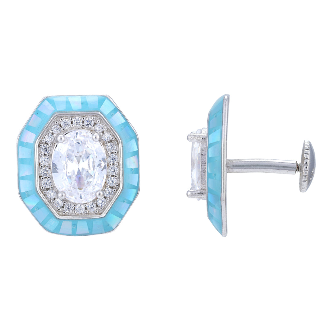 Sterling Silver Blue Edge Emerald-Cut Earring For Women