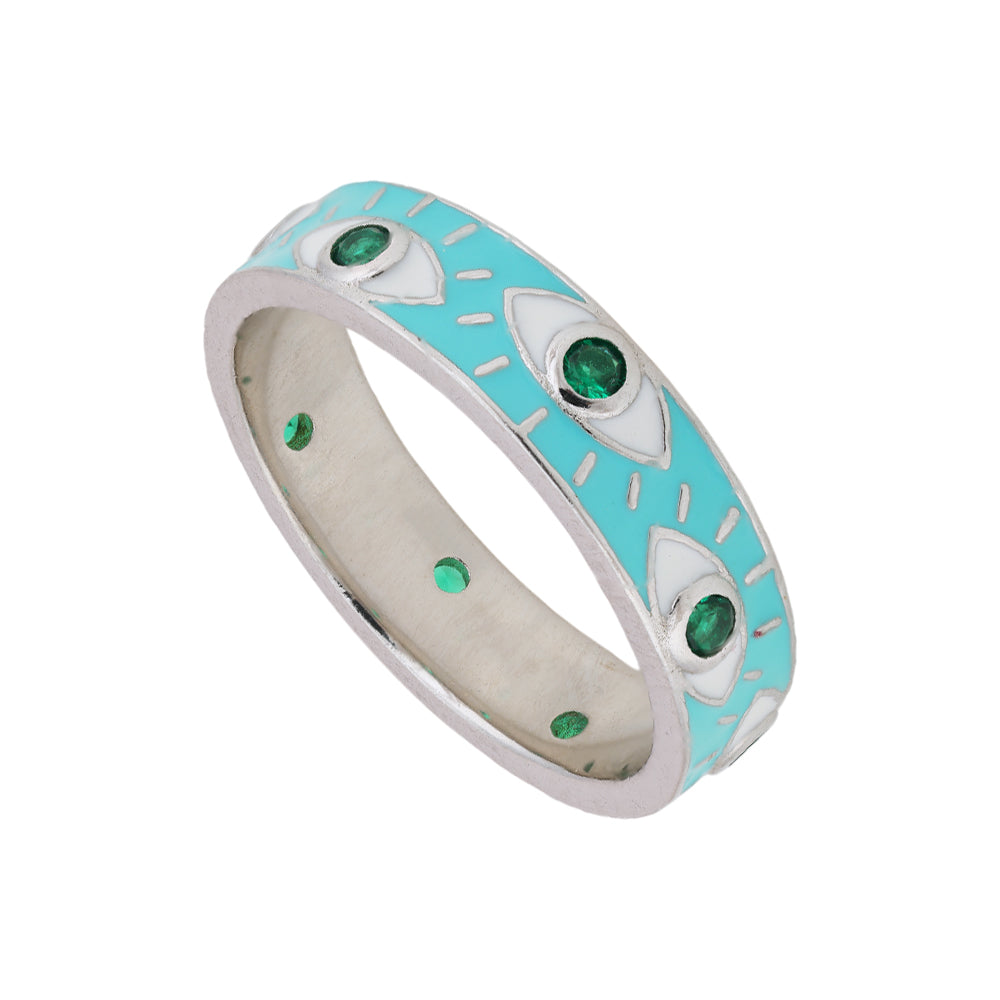925 Sterling Silver Blue Enamel Evil Eye Rhodium Plated Rings for Women