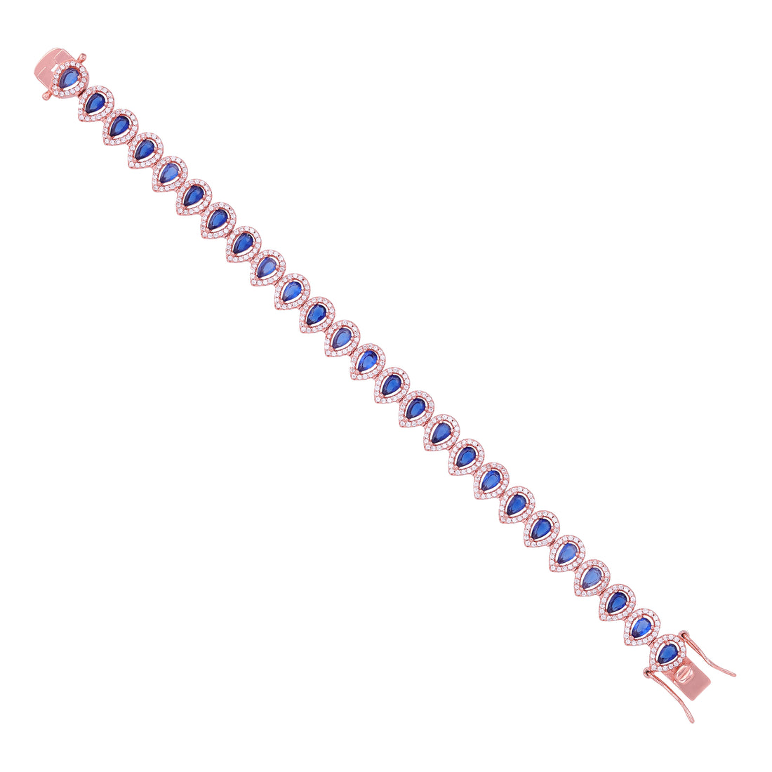 925 Sterling Silver Blue Sapphire Teardrop Illusion Sparkling Rose Gold Plated Bracelet for Women