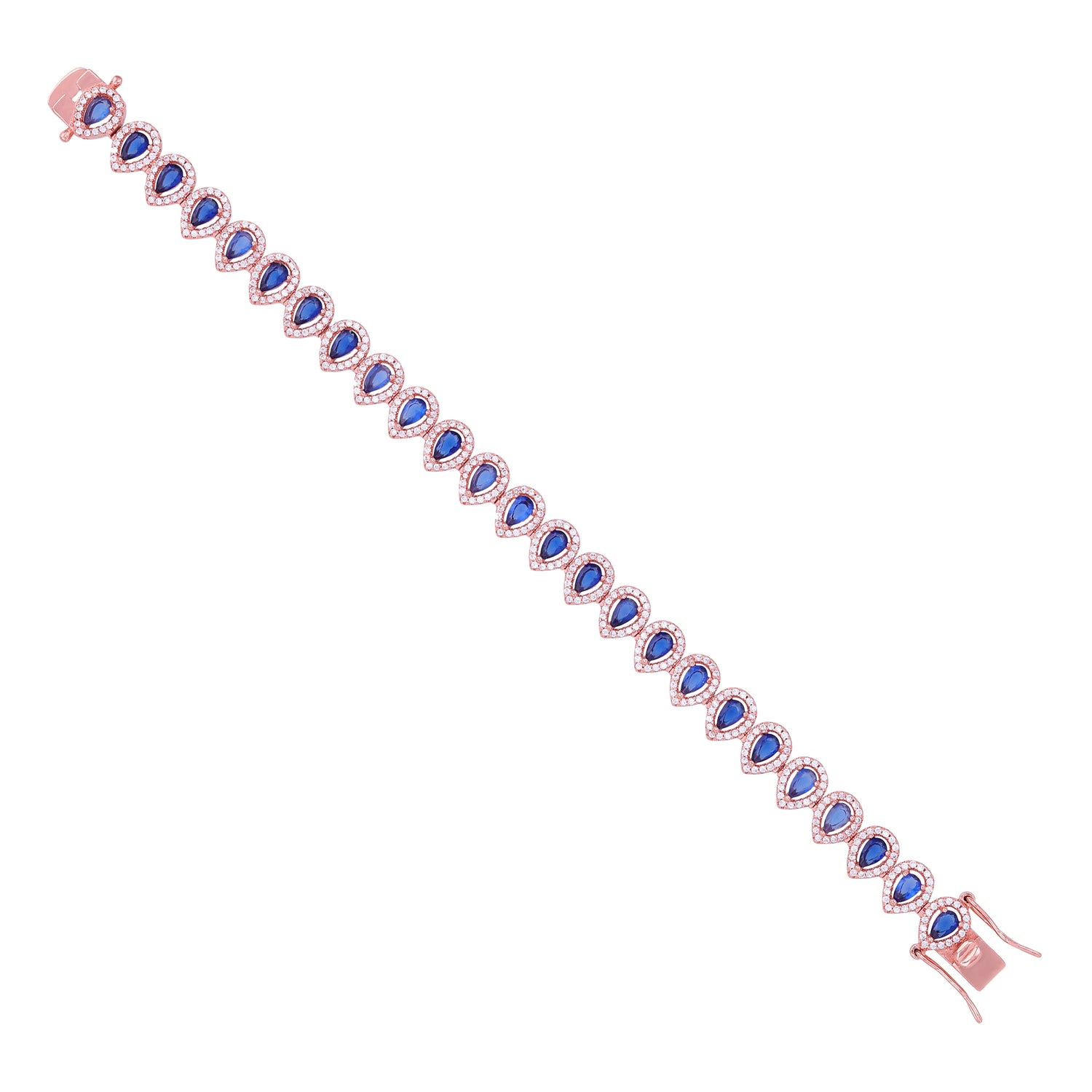 925 Sterling Silver Blue Sapphire Teardrop Illusion Sparkling Rose Gold Plated Bracelet for Women