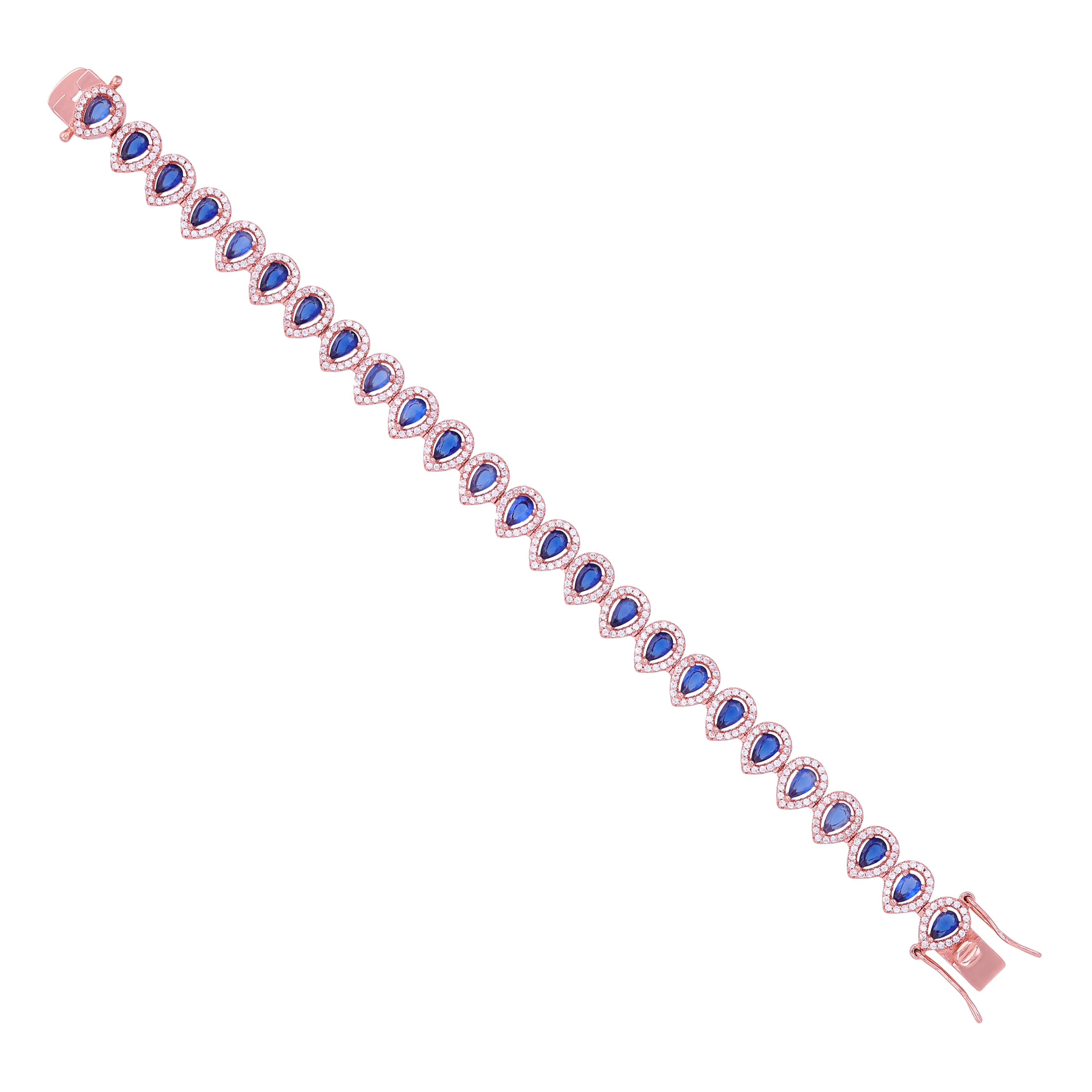 925 Sterling Silver Blue Sapphire Teardrop Illusion Sparkling Rose Gold Plated Bracelet for Women
