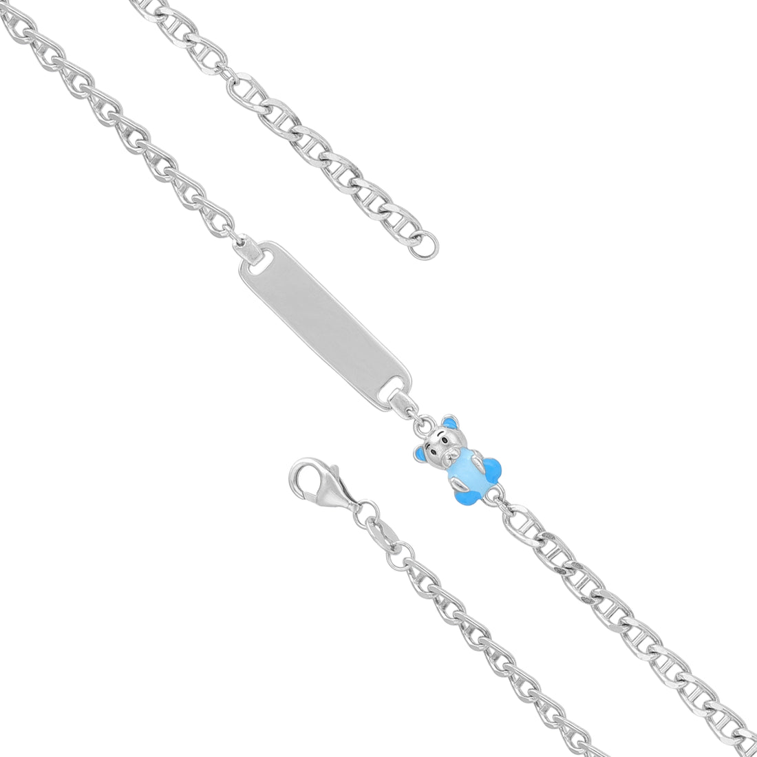 925 Sterling Silver Blue Teddy Bear Nameplate Bracelet for Women