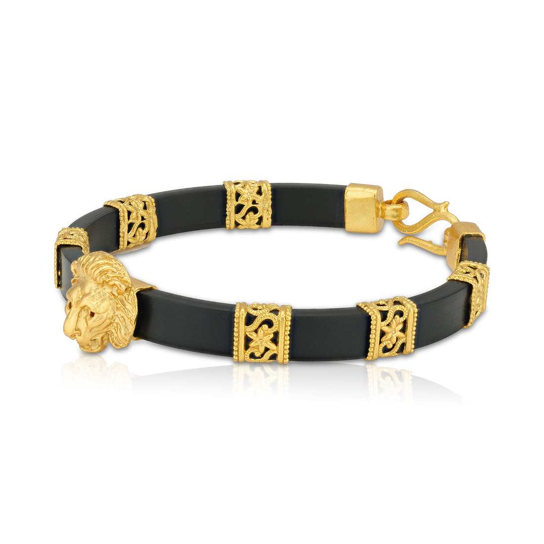 925 Sterling Silver Bold Lion Face Gold Plated Black Strap Bracelet for Men