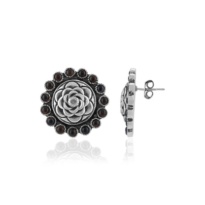 Sterling Silver Bold Lotus Beaded Edge Oxidised Earrings For Women