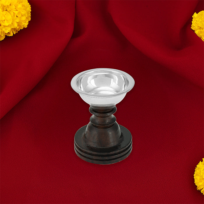 925 Sterling Silver Butter Lamp With Rosewood Stand For Prayers