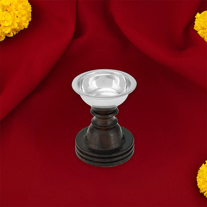 925 Sterling Silver Butter Lamp With Rosewood Stand For Prayers 