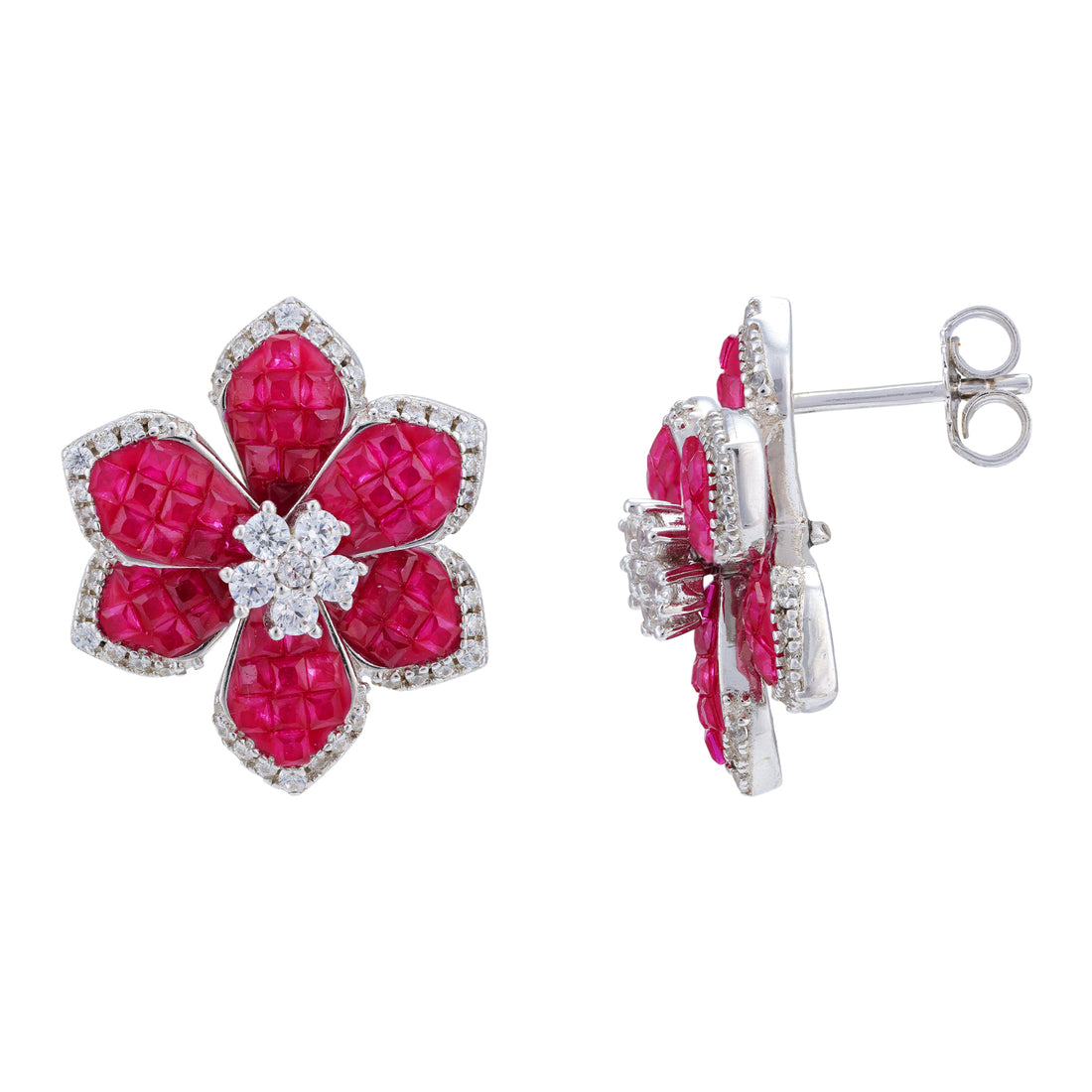 925 Sterling Silver Carved Ruby Petal Floral Stud Earring for Women