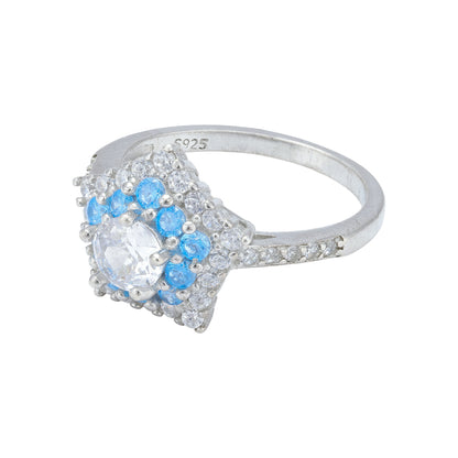 925 Sterling Silver Celestial Blue White Starburst Halo Ring for Women