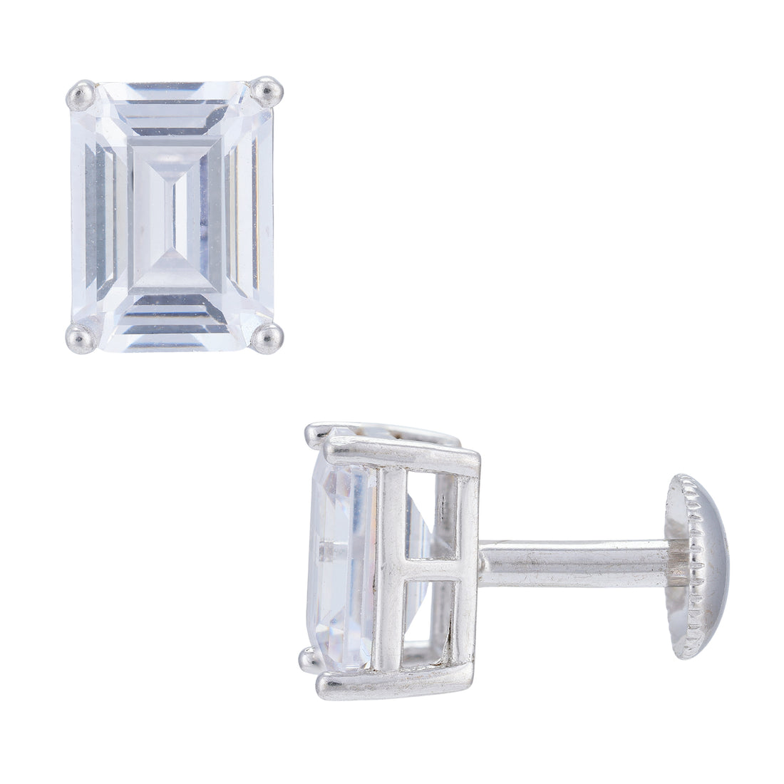 Sterling Silver Classic Emerald-Cut Solitaire Studs For Women