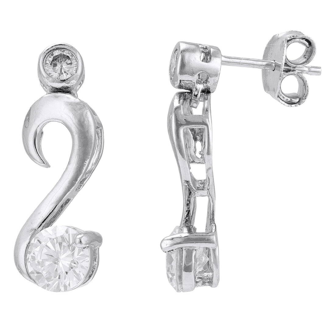 925 Sterling Silver Classic Flourish Hook Bottom Stones Rhodium Plated Earrings for Women