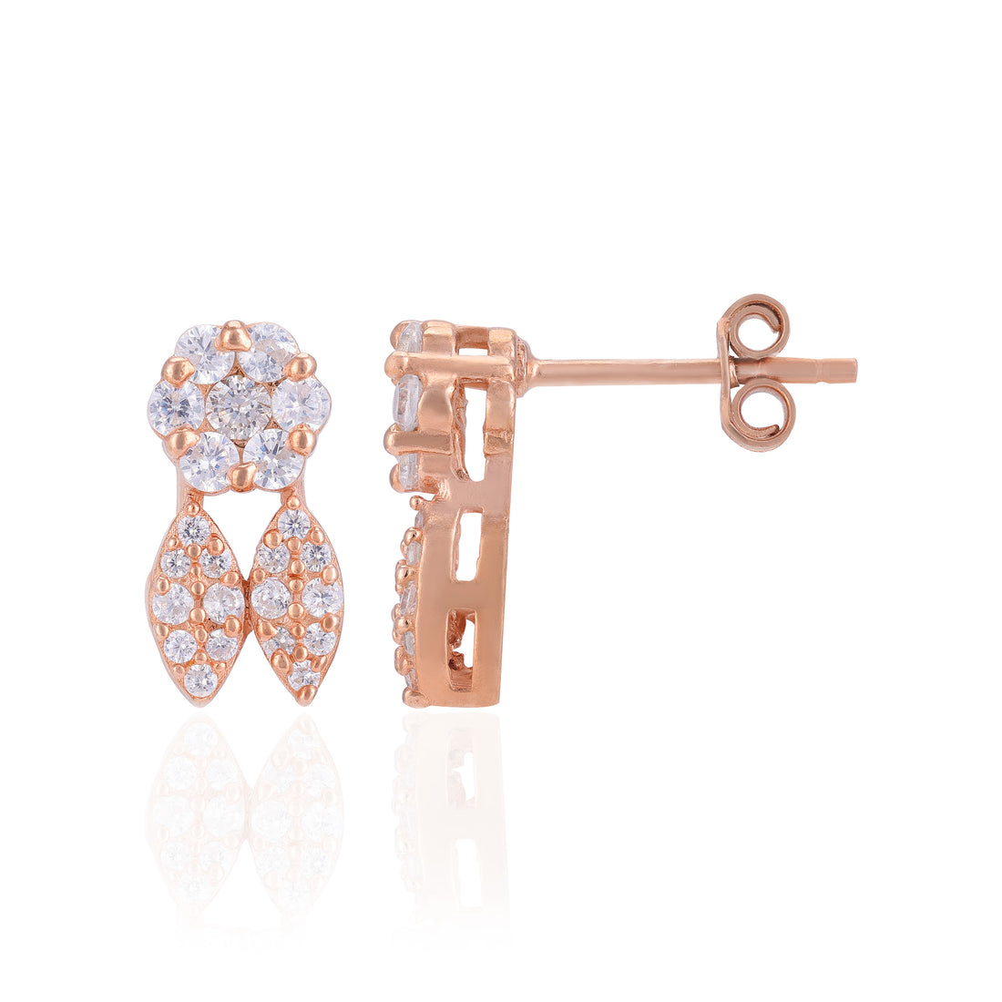 Sterling Silver Crystal Bloom Leaf Drop Rose Gold Plated Earrings For Women