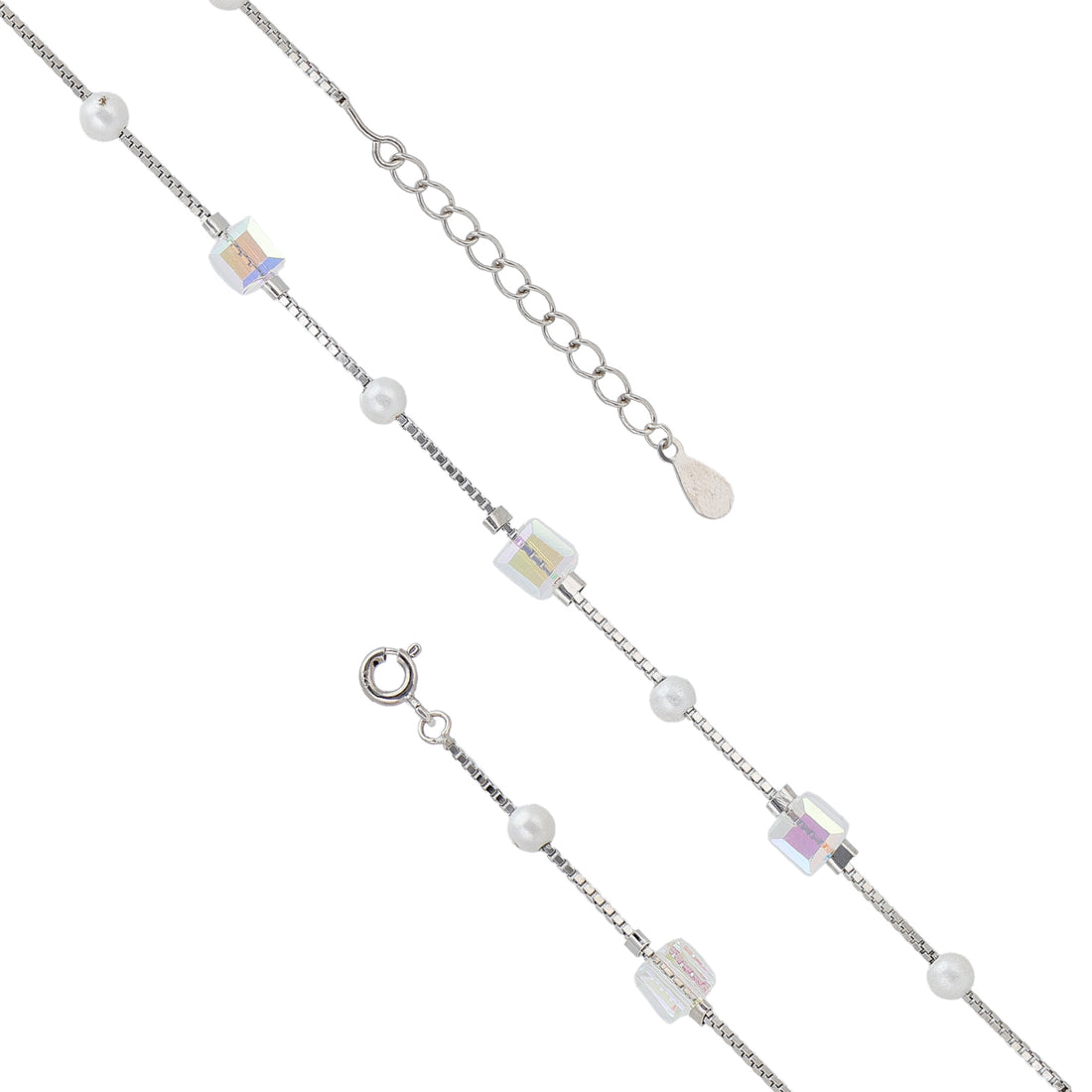 Sterling Silver Crystal Cube &amp; Pearl Chain Bracelet For Women