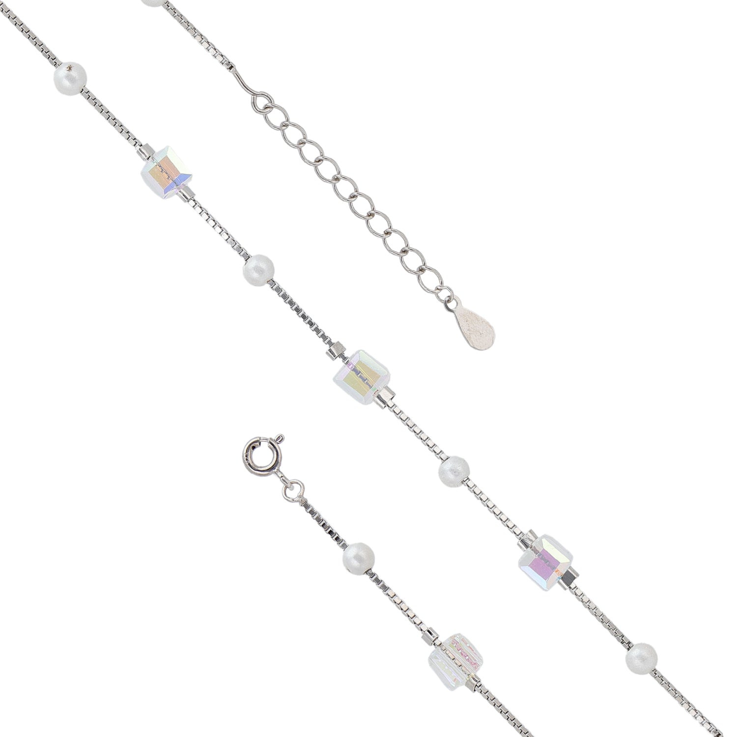 Sterling Silver Crystal Cube &amp; Pearl Chain Bracelet For Women