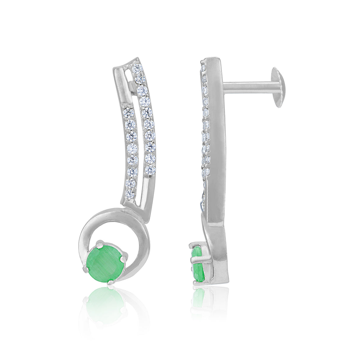 925 Sterling Silver Curved Bar Green Stone Rhodium Plated Earrings for Women